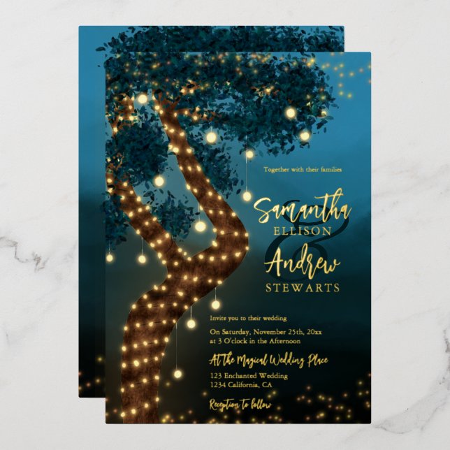 Invitación Con Relieve Metalizado Boho mágico boda de bosques encantados (Anverso/Reverso)