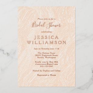 Invitación Con Relieve Metalizado Boho Melocotón Rubor Mármol Desayuno Nupcial Rosa