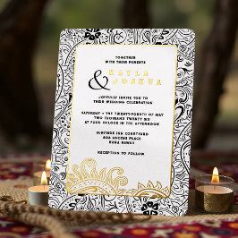 Invitación Con Relieve Metalizado Boho Moderno Elegante Negro Blanco Paisley Caprich