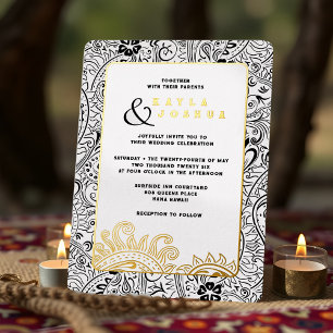 Invitación Con Relieve Metalizado Boho Moderno Elegante Negro Blanco Paisley Caprich