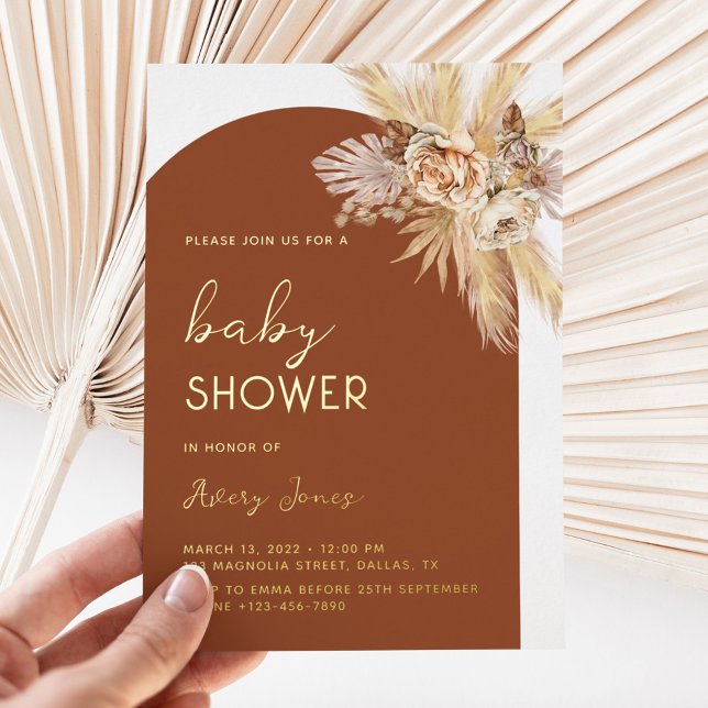 Invitación Con Relieve Metalizado Boho moderno Pampas Grass Arch Baby Shower Gold (boho gold foil baby shower invitation)