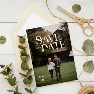 Invitación Con Relieve Metalizado Boho moderno simple Foto Guardar la fecha