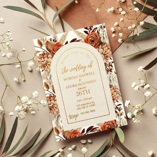 Invitación Con Relieve Metalizado Boho Neutral Watercolor Pampas Boda
