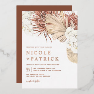 Invitación Con Relieve Metalizado Boho Orchids y Palm Seco deja Boda