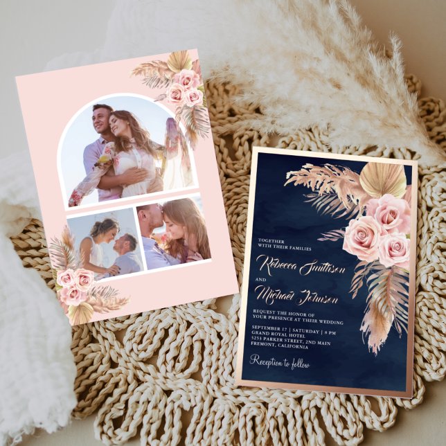 Invitación Con Relieve Metalizado Boho Pampas Boda azul turbio Rosa oro (Subido por el creador)