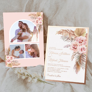 Invitación Con Relieve Metalizado Boho Pampas Dusty Rosa Boda Oro