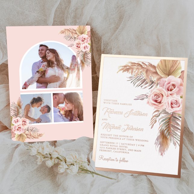 Invitación Con Relieve Metalizado Boho Pampas Dusty Rosa Boda Oro (Subido por el creador)