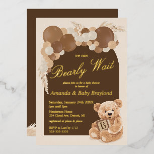 Invitación Con Relieve Metalizado Boho Pampas Grass Teddy Bear Baby Shower
