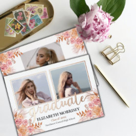 Invitación Con Relieve Metalizado Boho Pampas Rosa 3 Graduación de foto Graduada Bla