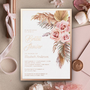 Invitación Con Relieve Metalizado Boho Pampas Rosa dorado de ducha de novias rosadas