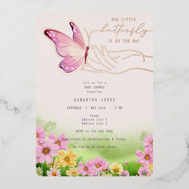 Invitación Con Relieve Metalizado Boho Pequeña Mariposa En Camino Jardín de Flores S (Anverso)