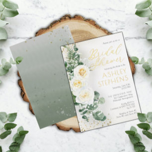 Invitación Con Relieve Metalizado Boho Rosa Blanca Floral   Regaderazo de Eucalipto 