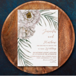 Invitación Con Relieve Metalizado Boho Rosa Gold Script Tropical Floral Boda