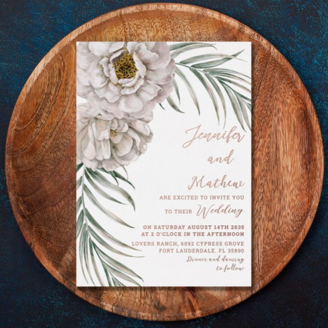 Invitación Con Relieve Metalizado Boho Rosa Gold Script Tropical Floral Boda (Subido por el creador)