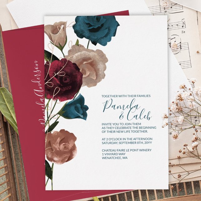 Invitación Con Relieve Metalizado Boho Rosa Gold, Verde azulado, Boda de Borgoña (Burgundy, Teal, Beige Roses Wedding Invitation, Rose Gold Foil Leaves, Botanical Bouquet Boho)