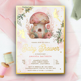 Invitación Con Relieve Metalizado Boho Rubor Pink Floral Fairy Baby Shower Gold