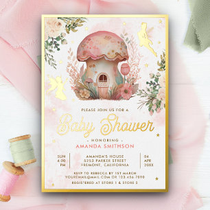 Invitación Con Relieve Metalizado Boho Rubor Pink Floral Fairy Baby Shower Gold