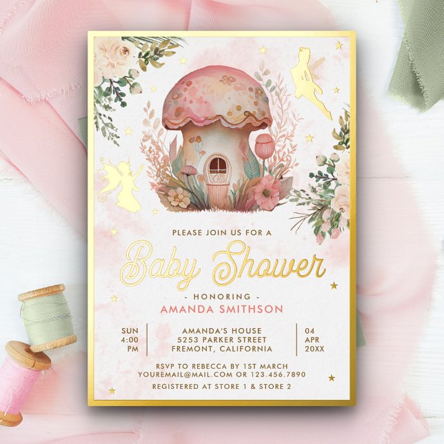 Invitación Con Relieve Metalizado Boho Rubor Pink Floral Fairy Baby Shower Gold (Subido por el creador)