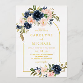 Invitación Con Relieve Metalizado Boho Rubor y Boda del Arco Floral Azul de la Marin