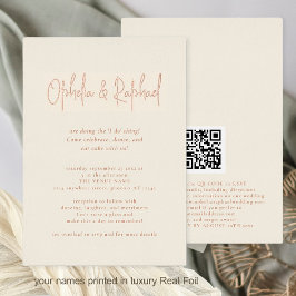 Invitación Con Relieve Metalizado Boho Script QR Código Cream Boda Lujo Real