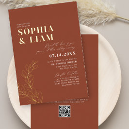 Invitación Con Relieve Metalizado Boho Terracotta Con Boda De Código QR RSVP