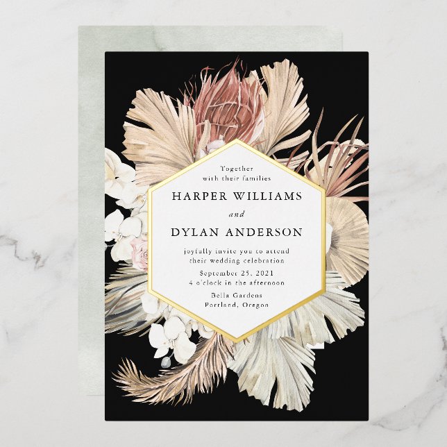 Invitación Con Relieve Metalizado Boho Tropical Love Boda Gold (Anverso/Reverso)