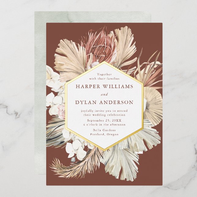 Invitación Con Relieve Metalizado Boho Tropical Love Boda Gold (Anverso/Reverso)