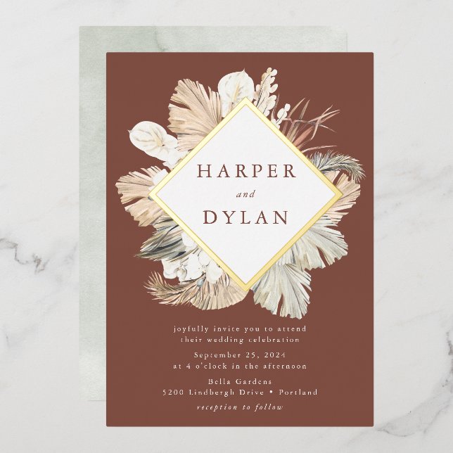 Invitación Con Relieve Metalizado Boho Tropical Love Diamond Frame Boda Gold (Anverso/Reverso)