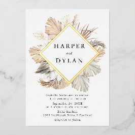 Invitación Con Relieve Metalizado Boho Tropical Love Diamond Frame Boda Gold