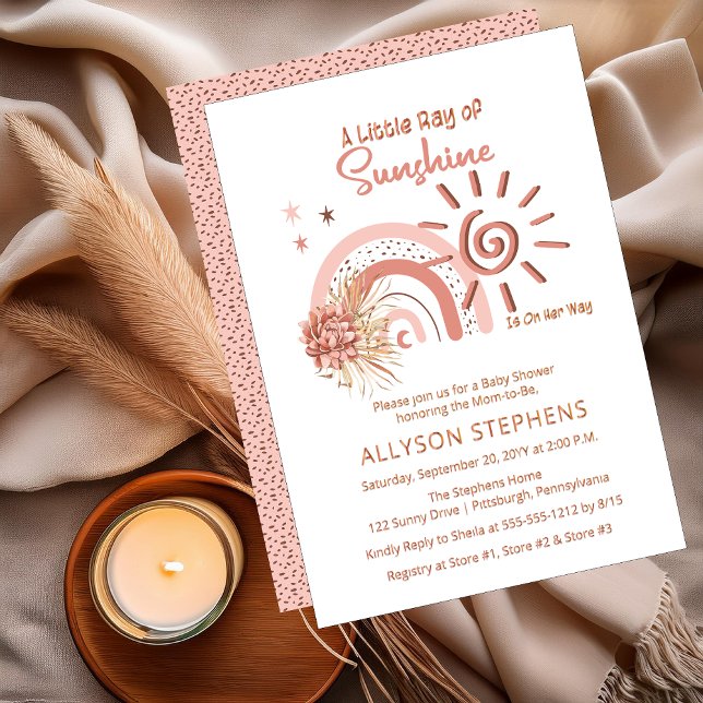 Invitación Con Relieve Metalizado Boho Un pequeño rayo de luz solar Chica Baby Showe (Boho "A Little Ray of Sunshine Is On Her Way" Girl Floral Rose Gold Foil Baby Shower Invitation)