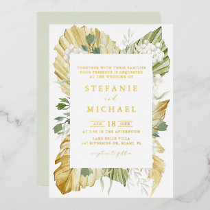 Invitación Con Relieve Metalizado Boho Watercolor Palm Seco deja Boda de verano