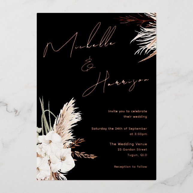 Invitación Con Relieve Metalizado Boho White Floral Script Boda negro Rosa oro (Anverso)