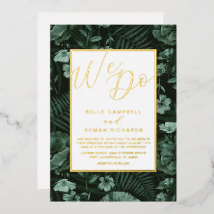Invitación Con Relieve Metalizado Boho Wild Flowers Green & Gold Script Boda