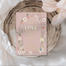 Invitación Con Relieve Metalizado Boho Wildflower Floral Bebé cumpleaños