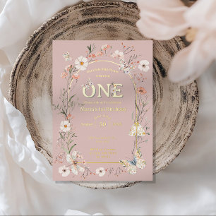 Invitación Con Relieve Metalizado Boho Wildflower Floral Bebé cumpleaños