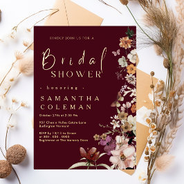 Invitación Con Relieve Metalizado Boho Wildflower Rustic Burgundy Bridal Shower