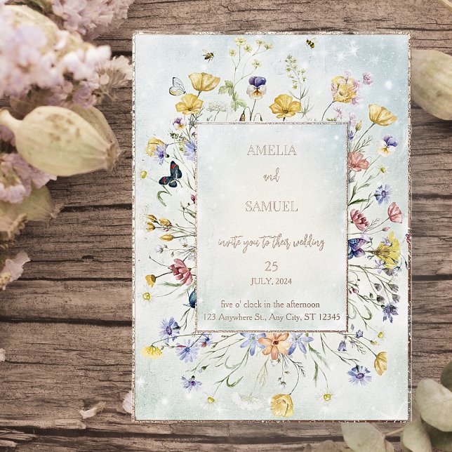Invitación Con Relieve Metalizado Boho Wildflower Rustic Green Wedding (Subido por el creador)
