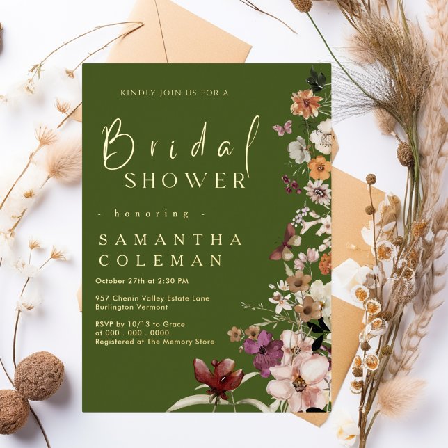 Invitación Con Relieve Metalizado Boho Wildflower Rustic Moss Green Bridal Shower (Subido por el creador)