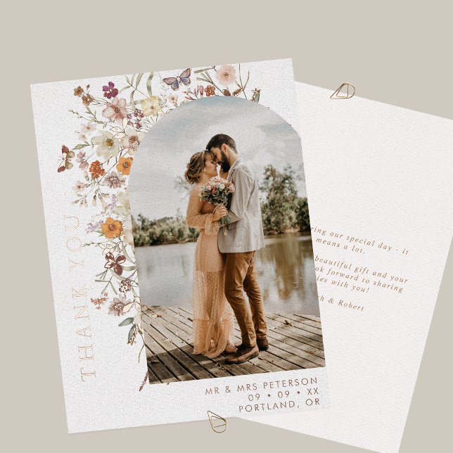 Invitación Con Relieve Metalizado Boho Wildflowers Arch Photo Fall Wedding Gracias (Subido por el creador)