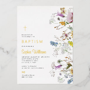 Invitación Con Relieve Metalizado Boho Wildflowers Baptismo
