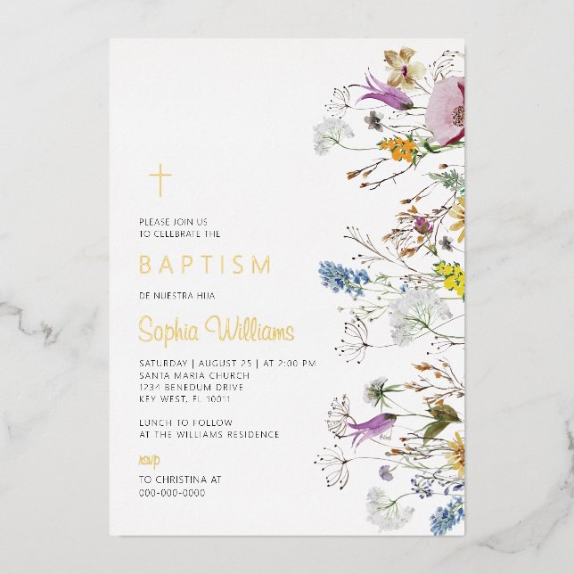 Invitación Con Relieve Metalizado Boho Wildflowers Baptismo (Anverso)