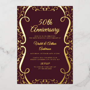 Invitación Con Relieve Metalizado Bola de Borgoña Dorada 50° Aniversario Boda