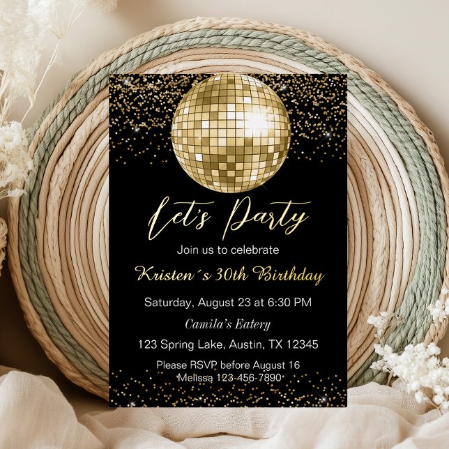 Invitación Con Relieve Metalizado Bola de disco de oro Vamos cumpleaños Fiesta (Subido por el creador)