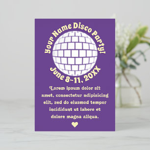 Invitación Con Relieve Metalizado Bola de discoteca morada retro PERSONALIZADA Plata