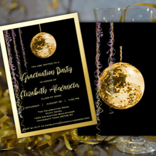 Invitación Con Relieve Metalizado Bola de Discoteca Negra y Dorada Graduación de los
