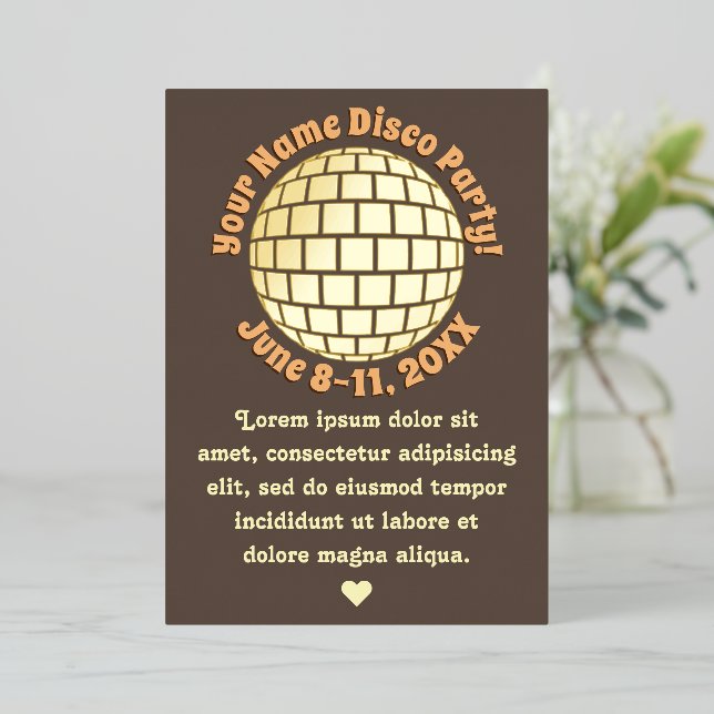 Invitación Con Relieve Metalizado Bola de discoteca Retro Gold PERSONALIZADA Oro (Anverso de pie)