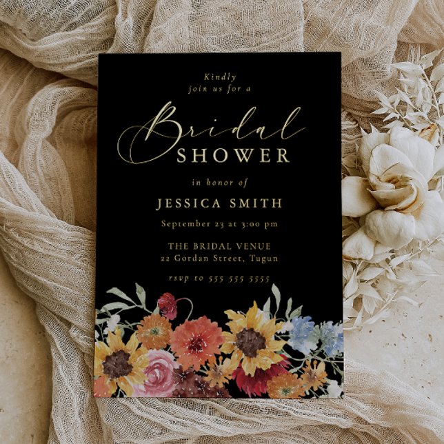 Invitación Con Relieve Metalizado Bold Floral Summer Black Bridal Shower Gold (Subido por el creador)