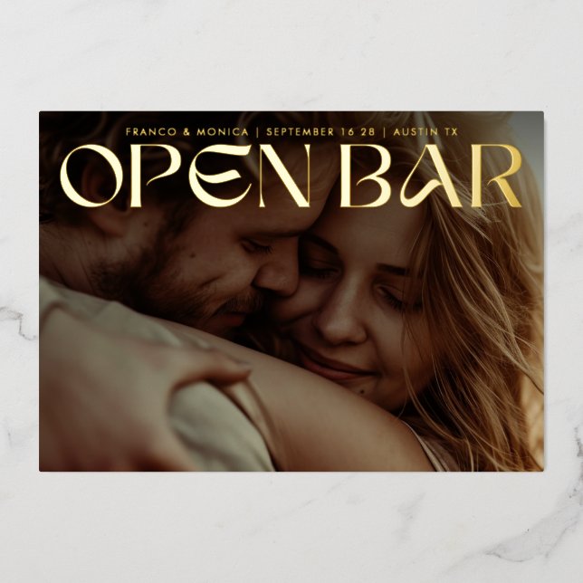 Invitación Con Relieve Metalizado Bold Retro Open Bar Photo Save The Date Gold (Anverso)