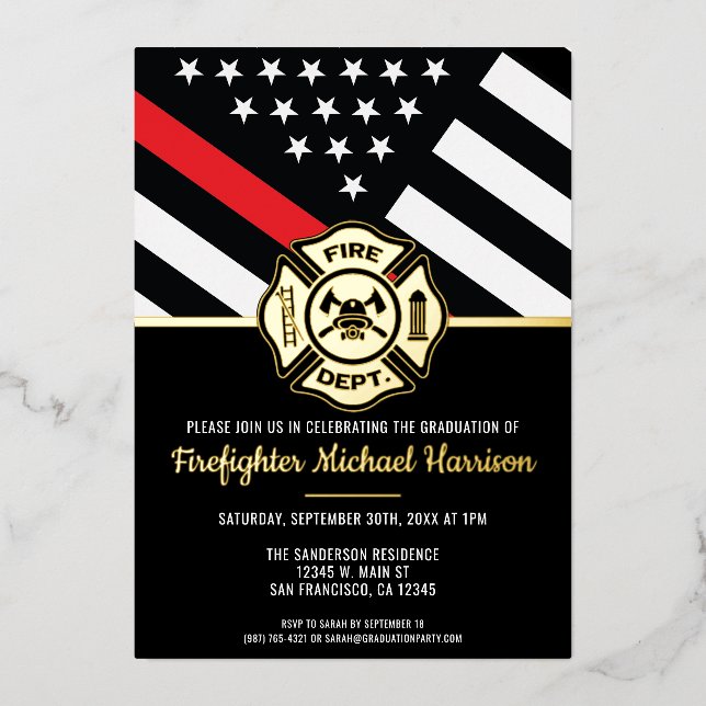 Invitación Con Relieve Metalizado Bombero de Graduación de Bomberos Bombero del Depa (Anverso)