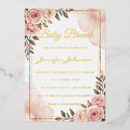 Invitación Con Relieve Metalizado Bonito Acuarela Flores Bebé Brunch